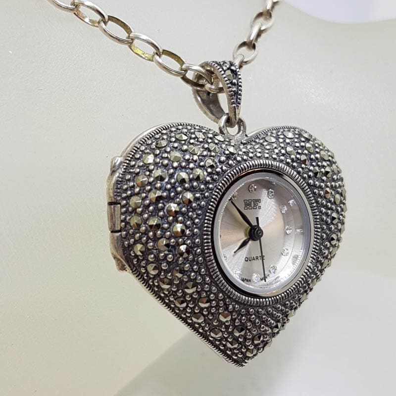20210728_214031 Sterling Silver Marcasite Heart Shaped Watch Pendant on Sterling Silver Chain