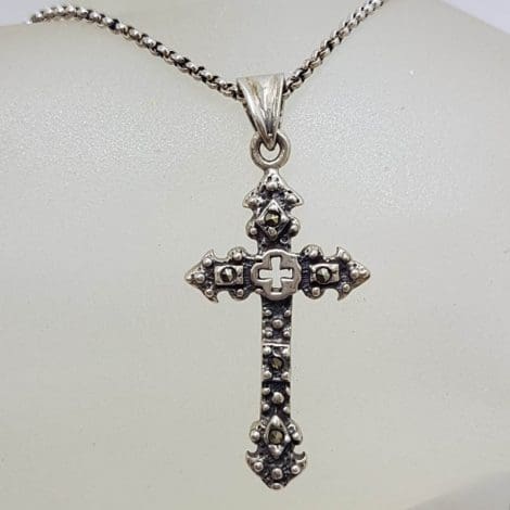Sterling Silver Marcasite Cross / Crucifix Pendant on Sterling Silver Chain