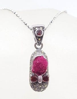 Sterling Silver Marcasite Red Pin Cushion Shoe Pendant on Sterling Silver Chain