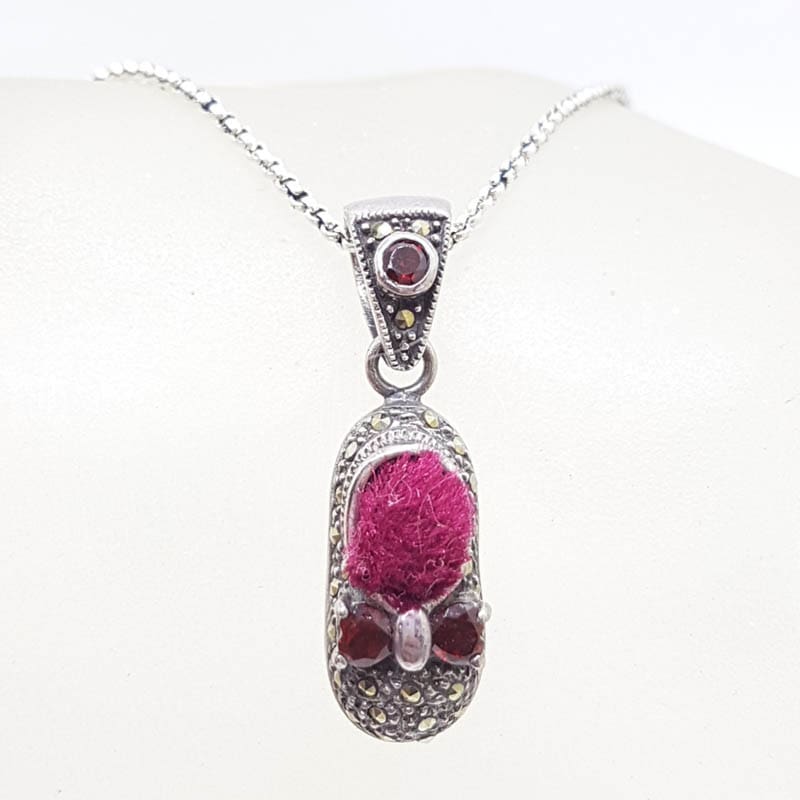 Sterling Silver Marcasite Red Pin Cushion Shoe Pendant on Sterling Silver Chain