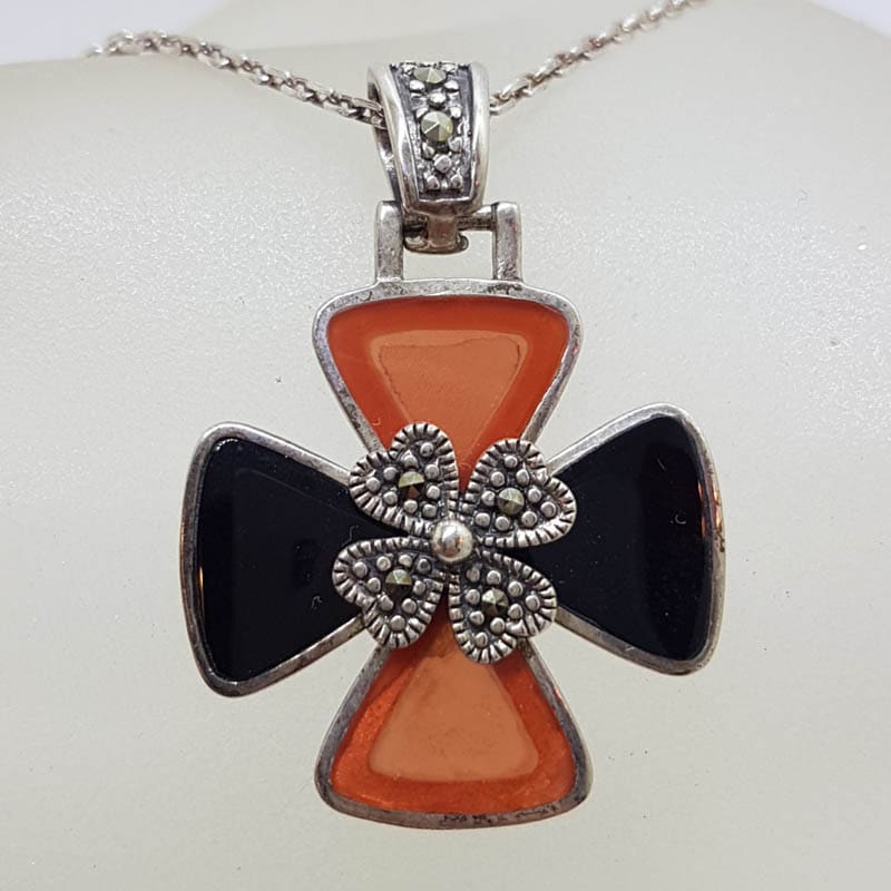 Sterling Silver Marcasite, Onyx and Carnelian Cross / Crucifix Pendant on Sterling Silver Chain