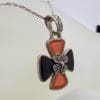 Sterling Silver Marcasite, Onyx and Carnelian Cross / Crucifix Pendant on Sterling Silver Chain