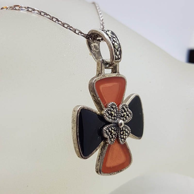 20210728_214411 Sterling Silver Marcasite, Onyx and Carnelian Cross / Crucifix Pendant on Sterling Silver Chain