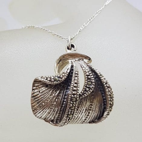 Sterling Silver Unusual Shape Marcasite Pendant on Silver Chain