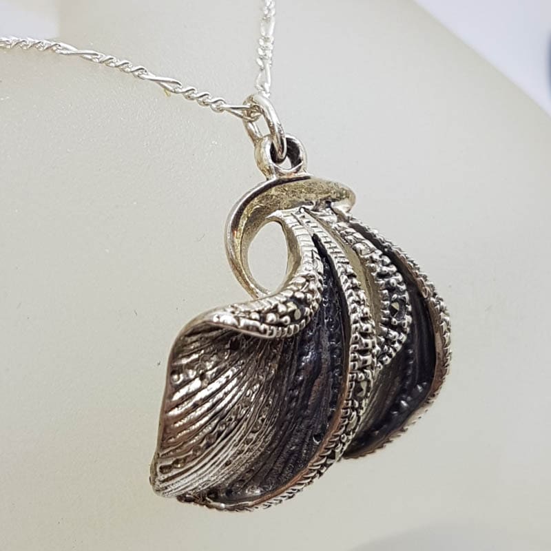 Sterling Silver Unusual Shape Marcasite Pendant on Silver Chain