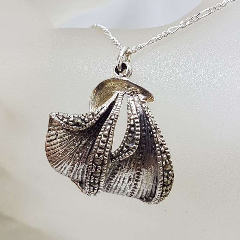 Sterling Silver Unusual Shape Marcasite Pendant on Silver Chain