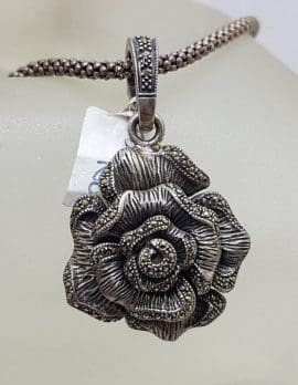 Sterling Silver Marcasite Large Rose Flower Enhancer Pendant on Sterling Silver Chain