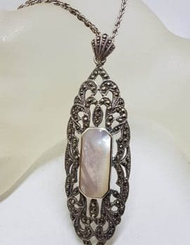 Sterling Silver Marcasite & Mother of Pearl Very Long and Large Ornate Pendant on Sterling Silver Chain