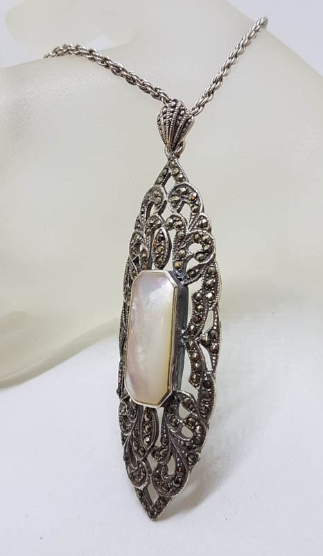 Sterling Silver Marcasite & Mother of Pearl Very Long and Large Ornate Pendant on Sterling Silver Chain