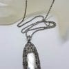 Sterling Silver Marcasite & Mother of Pearl Very Long and Large Ornate Pendant on Sterling Silver Chain