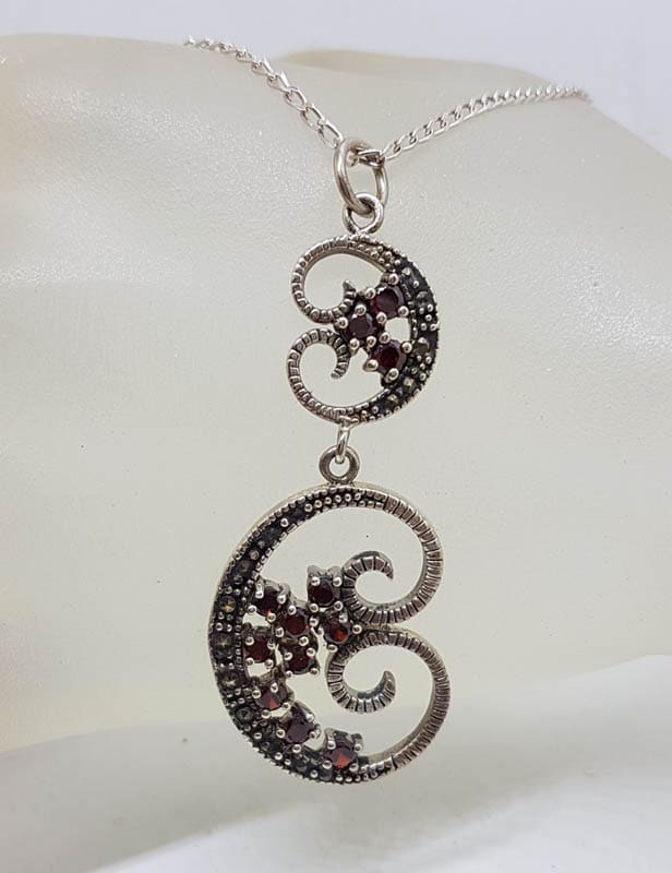 Sterling Silver Marcasite & Garnet Long Ornate Pendant on Sterling Silver Chain