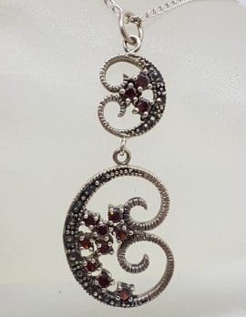 Sterling Silver Marcasite & Garnet Long Ornate Pendant on Sterling Silver Chain