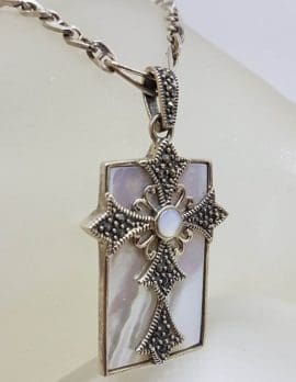 Sterling Silver Large Marcasite & Mother of Pearl Cross in Rectangle Pendant on Sterling Silver Chain
