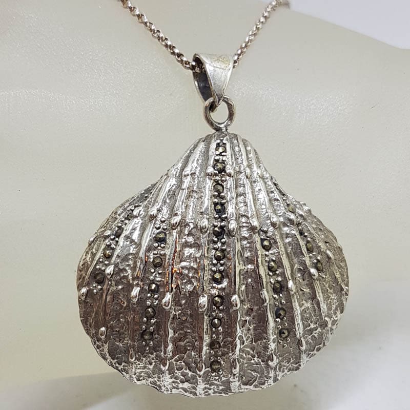 Sterling Silver Marcasite & Pearl Large Shell Pendant on Sterling Silver Chain