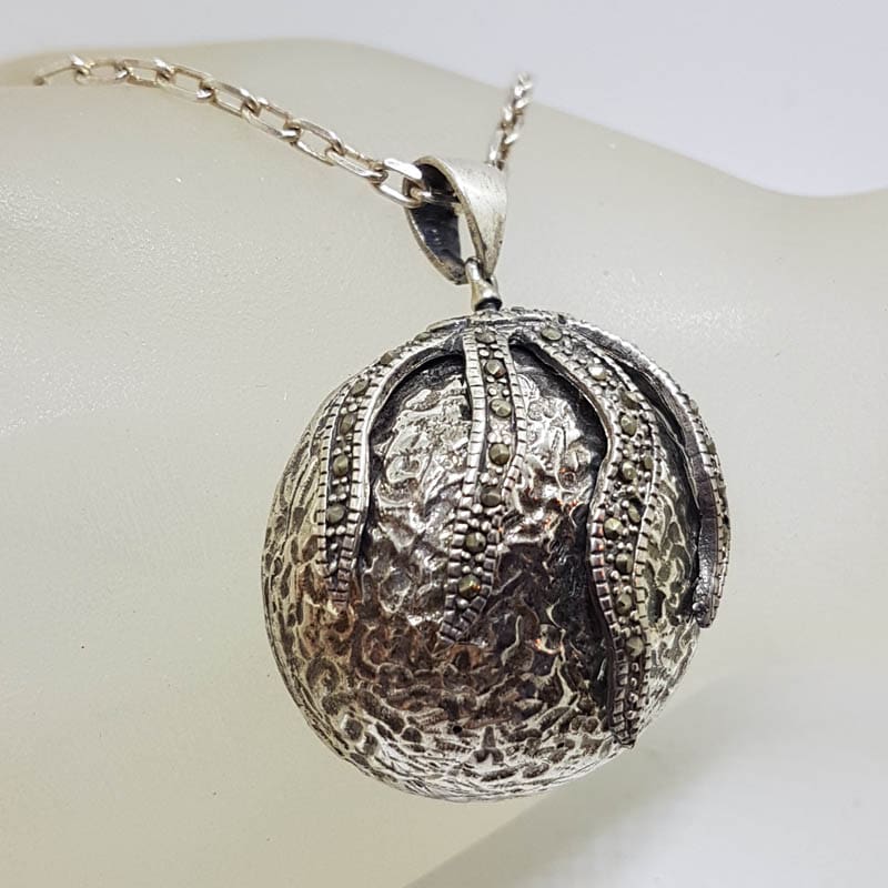 Sterling Silver Marcasite Large Round Pendant on Sterling Silver Chain