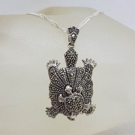 Sterling Silver Marcasite Mother and Baby Turtle Pendant on Sterling Silver Chain