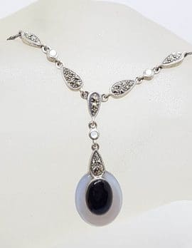 Sterling Silver Marcasite, Onyx and Mother of Pearl Long Drop Lavalier Necklace / Chain - Art Deco Style