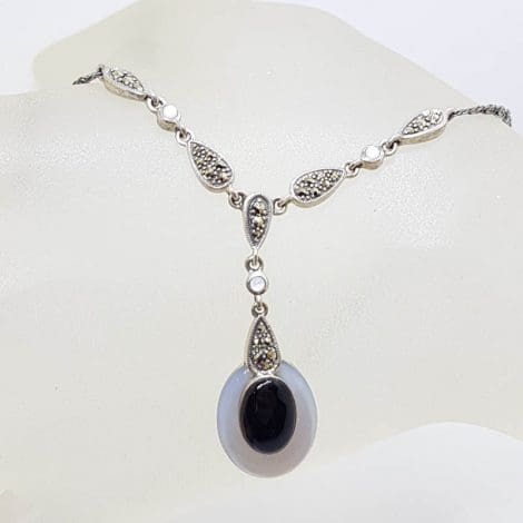 Sterling Silver Marcasite, Onyx and Mother of Pearl Long Drop Lavalier Necklace / Chain - Art Deco Style