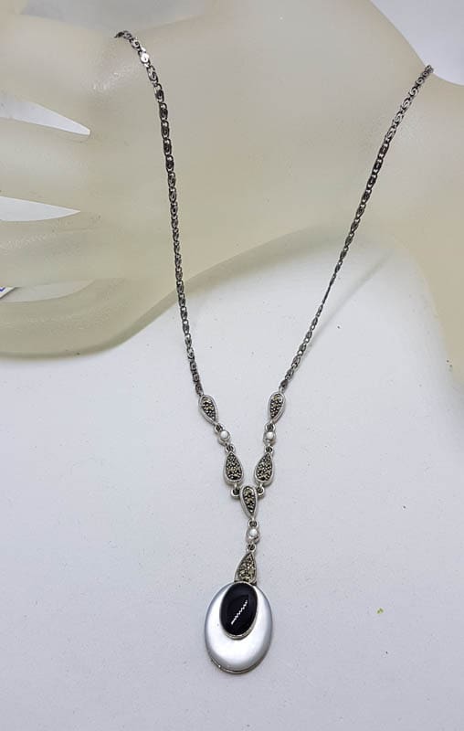 20210728_215259 Sterling Silver Marcasite, Onyx and Mother of Pearl Long Drop Lavalier Necklace / Chain - Art Deco Style