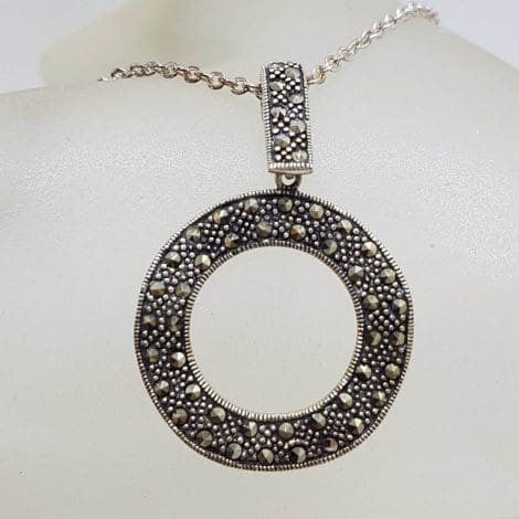 Sterling Silver Marcasite Large Round Circle of Life Pendant on Sterling Silver Chain