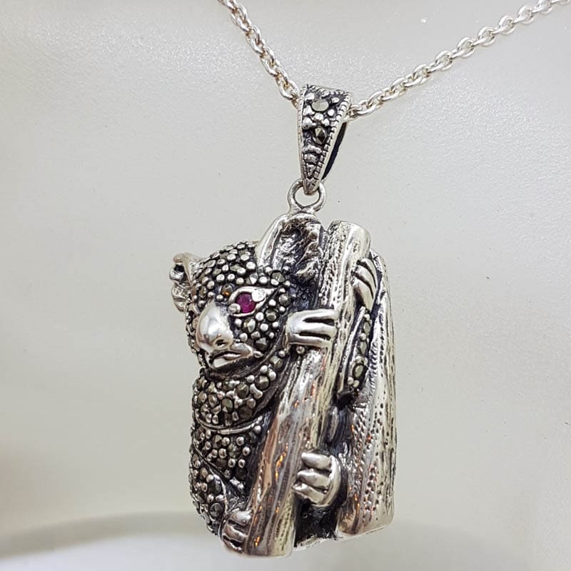 20210728_215456 Sterling Silver Marcasite Australian Koala with Ruby Eyes Pendant on Sterling Silver Chain