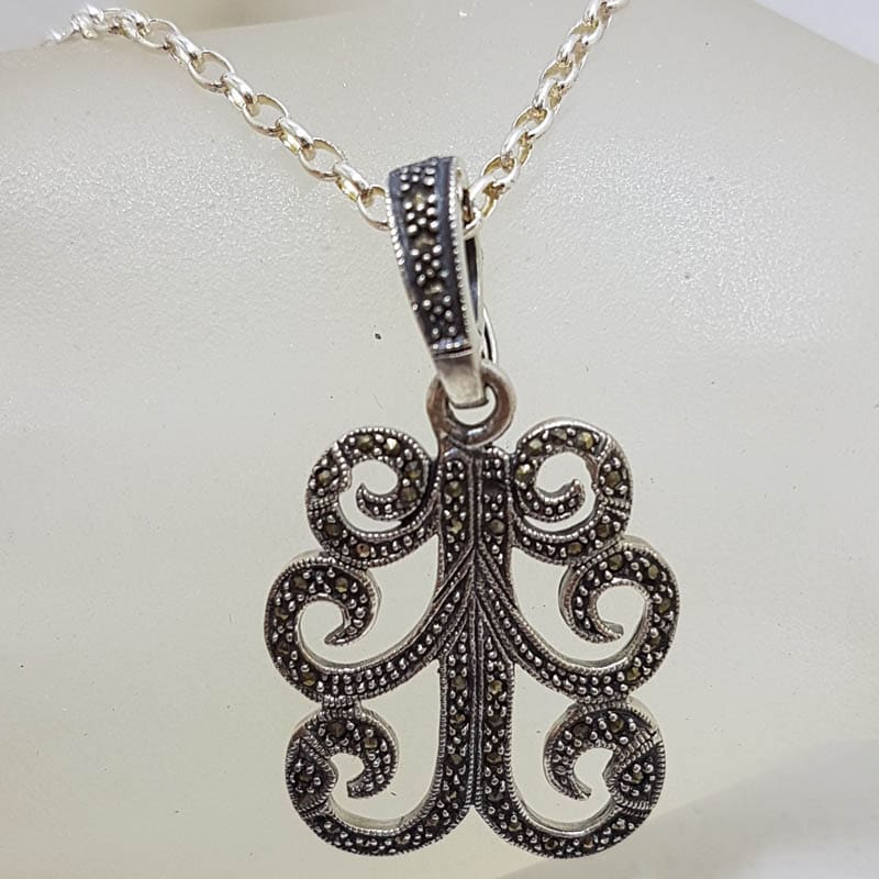 20210728_215536 Sterling Silver Large Marcasite Ornate Design Enhancer Pendant on Silver Chain