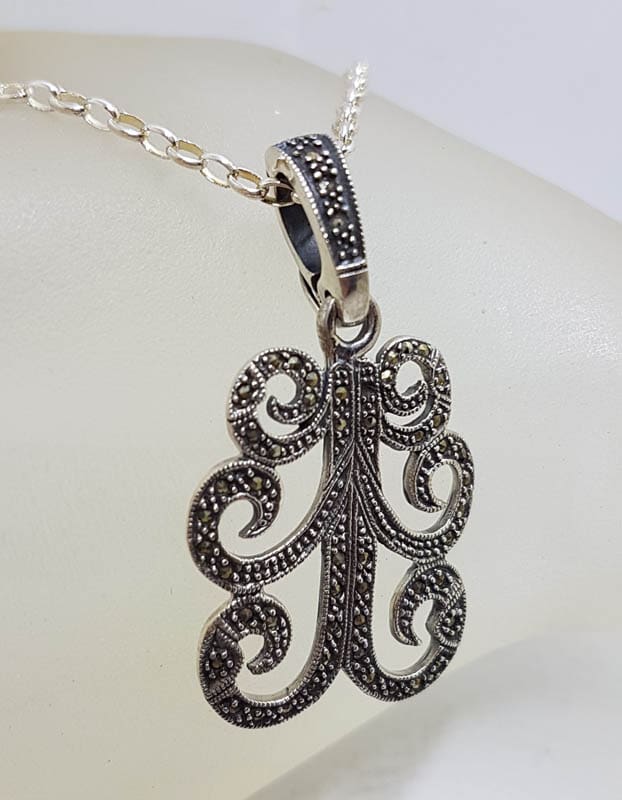 20210728_215604 Sterling Silver Large Marcasite Ornate Design Enhancer Pendant on Silver Chain