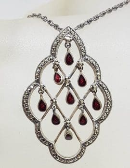 Sterling Silver Marcasite Large Open Design Pendant with Red Enamel Droplets Pendant on Silver Chain