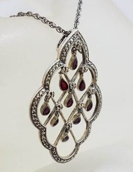 Sterling Silver Marcasite Large Open Design Pendant with Red Enamel Droplets Pendant on Silver Chain