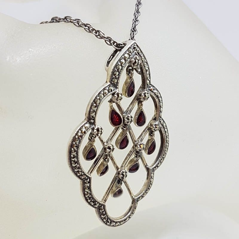 Sterling Silver Marcasite Large Open Design Pendant with Red Enamel Droplets Pendant on Silver Chain