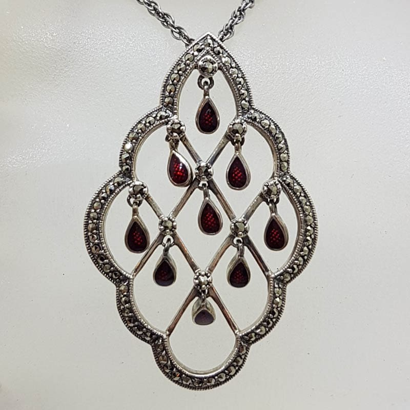 Sterling Silver Marcasite Large Open Design Pendant with Red Enamel Droplets Pendant on Silver Chain