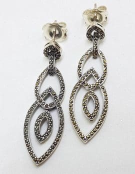 Sterling Silver Marcasite Very Long Marquis Diamond Shape Drop Earrings