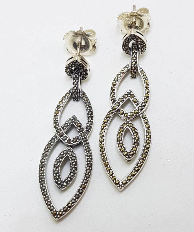 Sterling Silver Marcasite Very Long Marquis Diamond Shape Drop Earrings