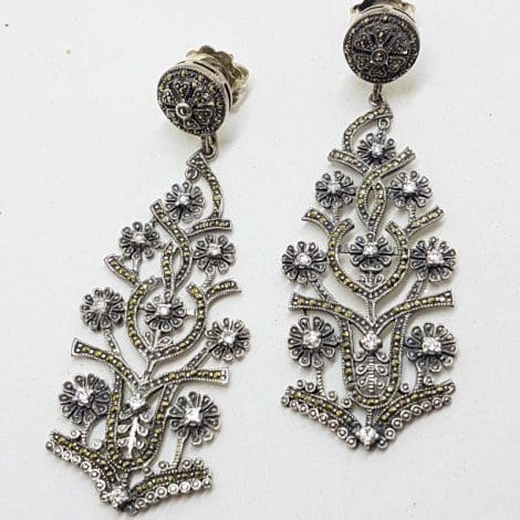 Stunning Sterling Silver Marcasite & Cubic Zirconia Very Long Drop Ornate Chandelier Earrings