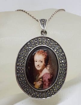 Sterling Silver Large Marcasite & Enamel Ladies Portrait Pendant on Sterling Silver Chain - Lady Face