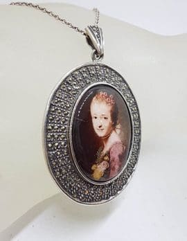 Sterling Silver Large Marcasite & Enamel Ladies Portrait Pendant on Sterling Silver Chain - Lady Face