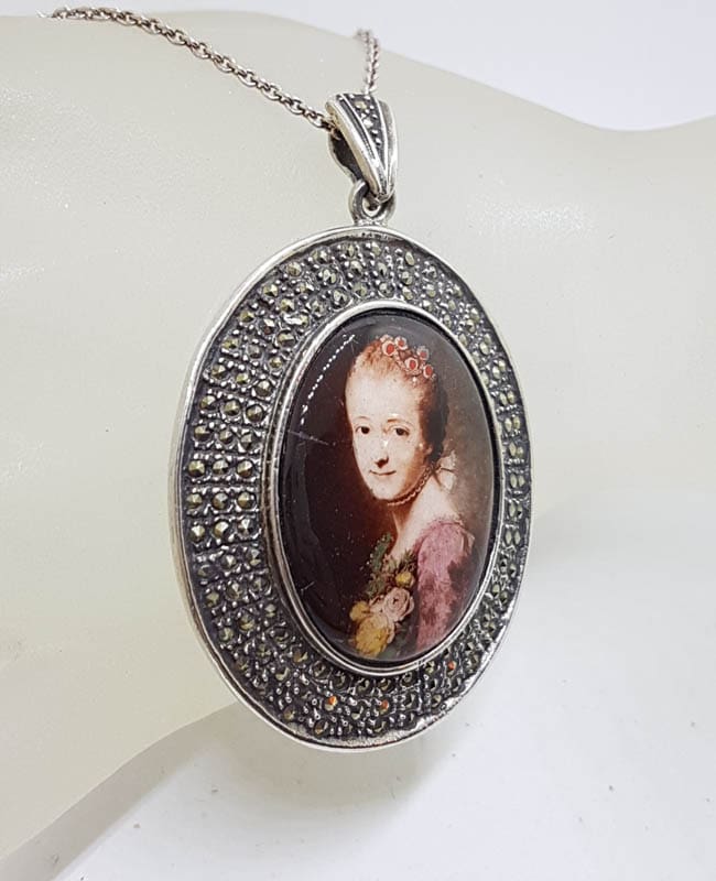 Sterling Silver Large Marcasite & Enamel Ladies Portrait Pendant on Sterling Silver Chain - Lady Face