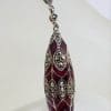 Sterling Silver Marcasite, Ornate Red Enamel Long Drop Pendant on Sterling Silver Chain