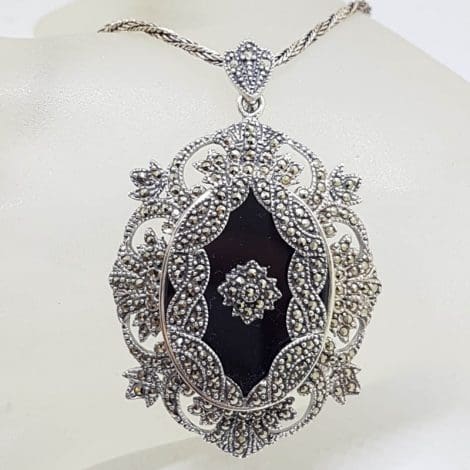 Sterling Silver Marcasite & Onyx Large Ornate Oval Pendant on Sterling Silver Chain