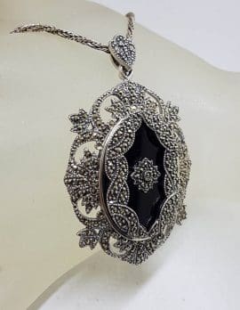 Sterling Silver Marcasite & Onyx Large Ornate Oval Pendant on Sterling Silver Chain