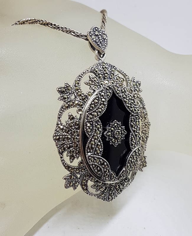 Sterling Silver Marcasite & Onyx Large Ornate Oval Pendant on Sterling Silver Chain