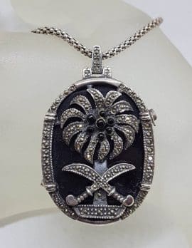 Sterling Silver Marcasite & Onyx Swords and Palm Tree Oval Pendant on Sterling Silver Chain