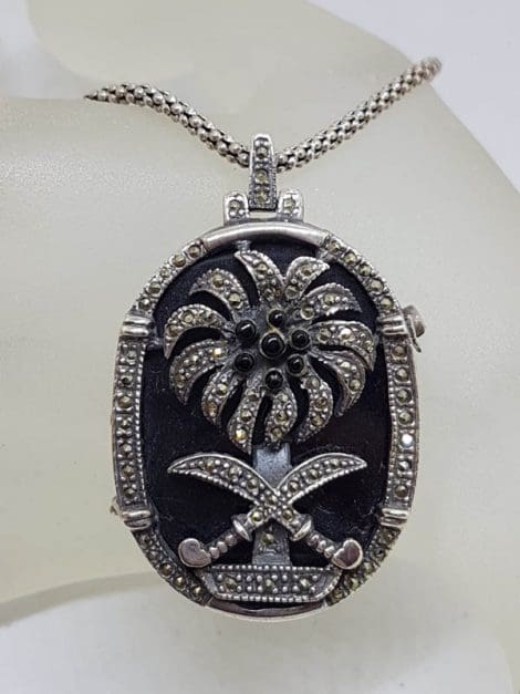 Sterling Silver Marcasite & Onyx Swords and Palm Tree Oval Pendant on Sterling Silver Chain