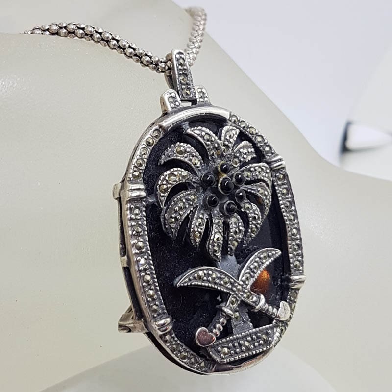 Sterling Silver Marcasite & Onyx Swords and Palm Tree Oval Pendant on Sterling Silver Chain