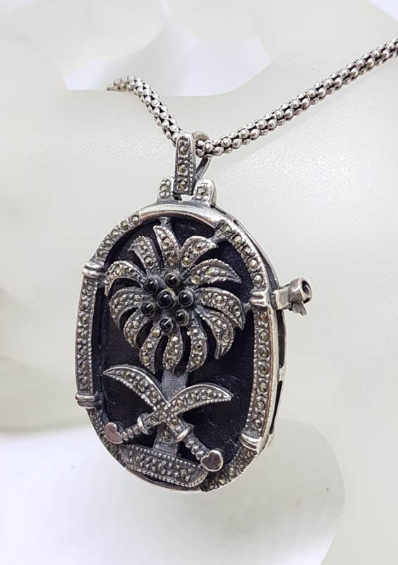 Sterling Silver Marcasite & Onyx Swords and Palm Tree Oval Pendant on Sterling Silver Chain