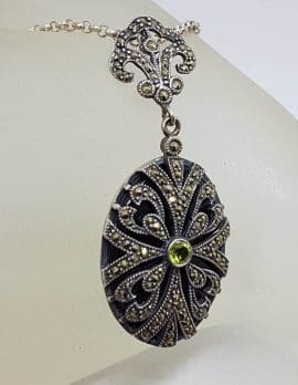 Sterling Silver Marcasite, Onyx & Peridot Ornate Large Oval Drop Pendant on Sterling Silver Chain