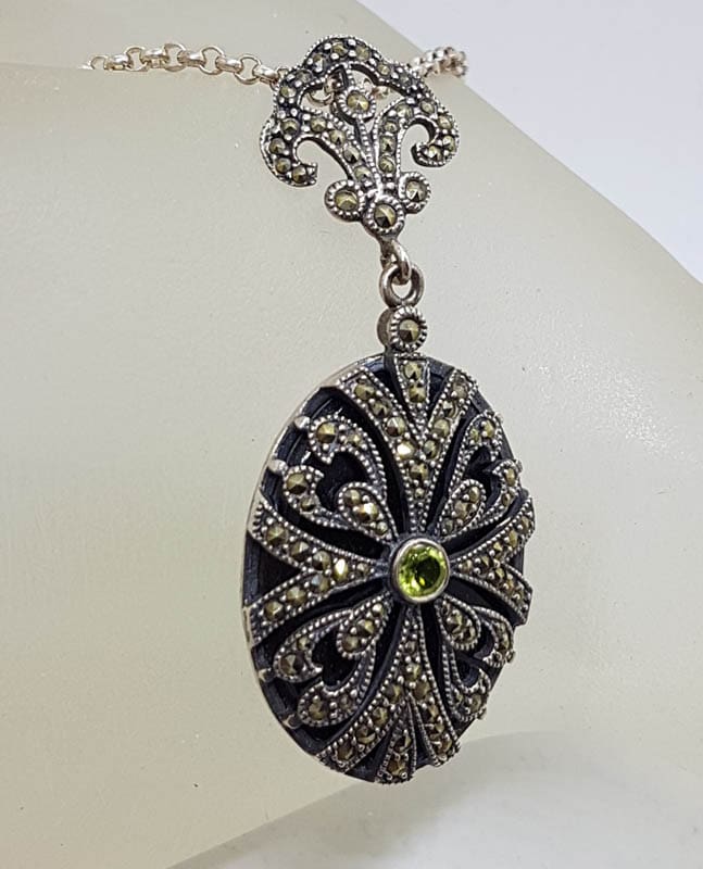 Sterling Silver Marcasite, Onyx & Peridot Ornate Large Oval Drop Pendant on Sterling Silver Chain