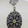 Sterling Silver Marcasite, Onyx & Peridot Ornate Large Oval Drop Pendant on Sterling Silver Chain