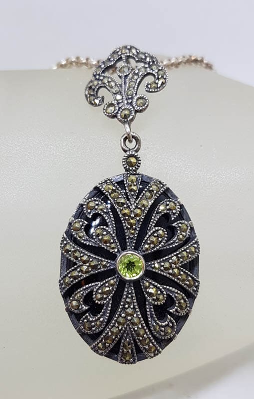 Sterling Silver Marcasite, Onyx & Peridot Ornate Large Oval Drop Pendant on Sterling Silver Chain