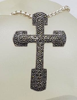 Sterling Silver Marcasite Large Cross / Crucifix Pendant on Sterling Silver Chain